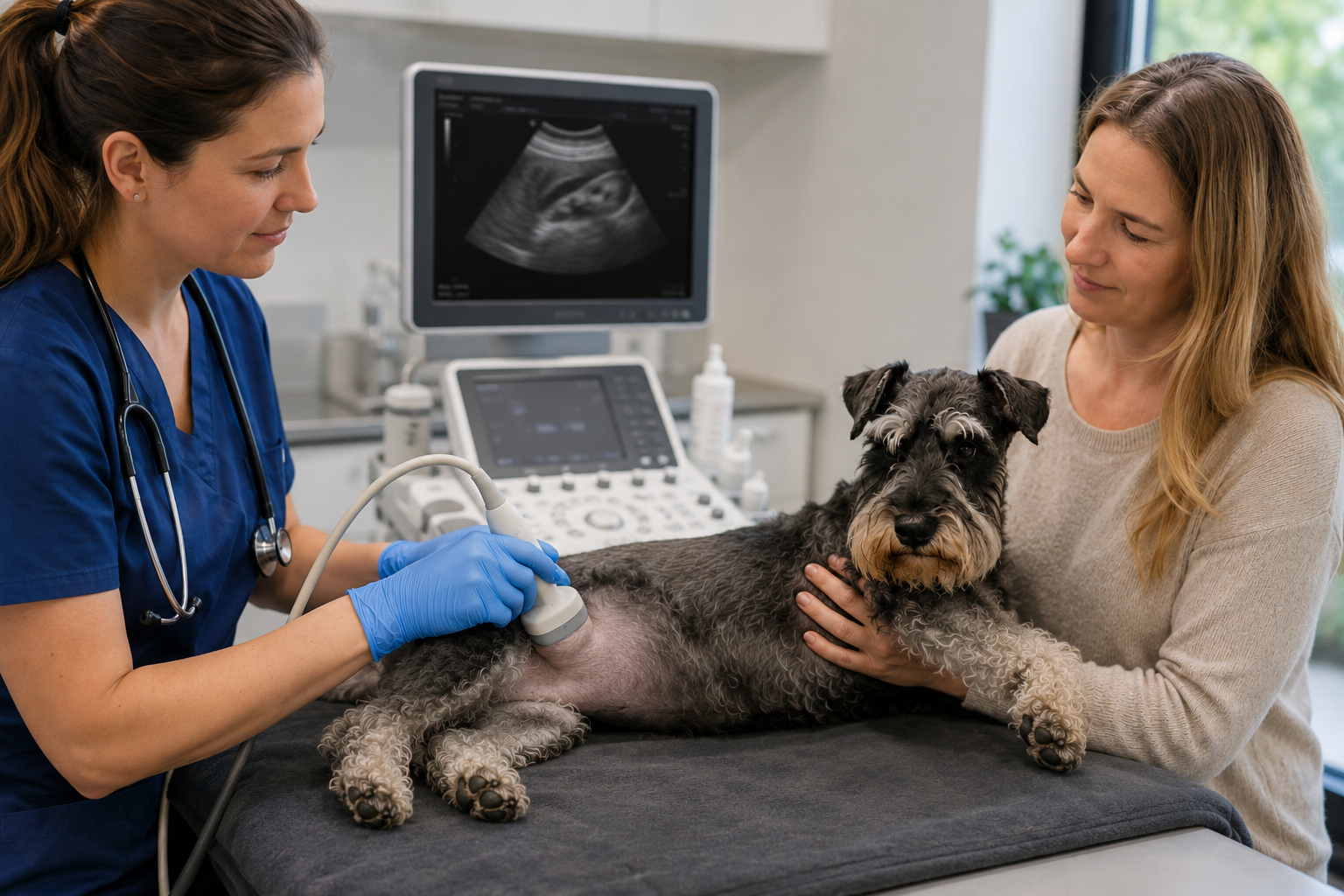 Veterinář provádí ultrazvuk jater u psa